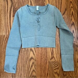 Green Aerie Long Sleeve Waffle Henley Crop Top